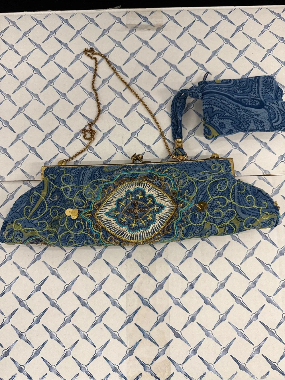Hand-Embroidered Blue Evening Clutch with Gold Frame